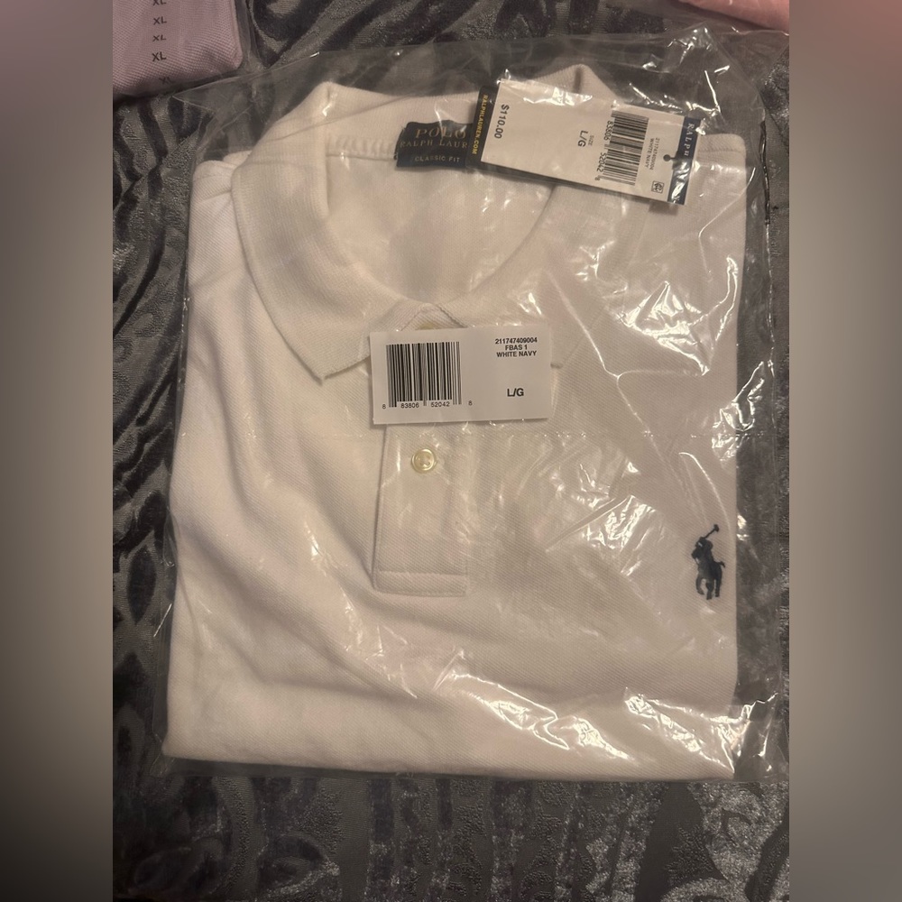 Large Ralph Lauren Polo White and Navy Classic Fit Mesh Polo Shirt